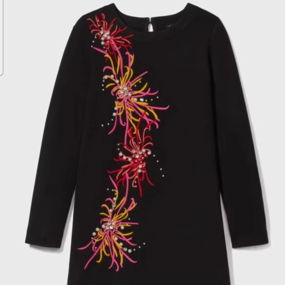 Black Embellished Crewneck Shift Dress with Pink & Yellow Floral Accents - Picture 5 of 5